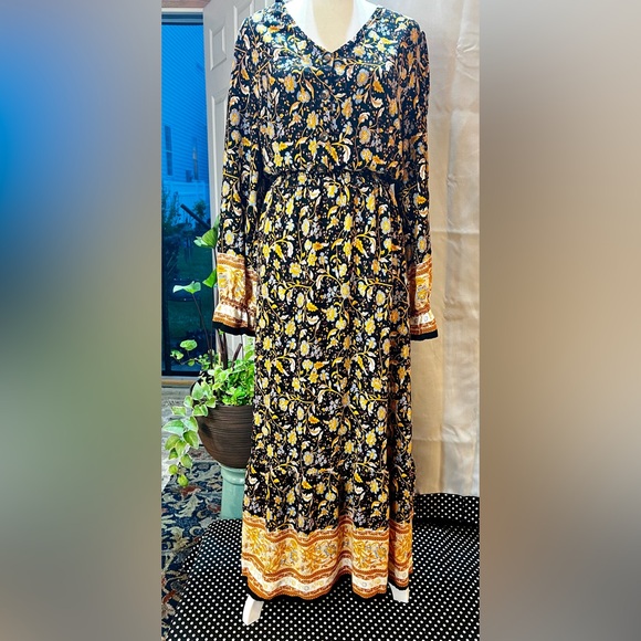 V Neck Boho Floral Print Fall Maxi Dress Yellow XL - Picture 2 of 9